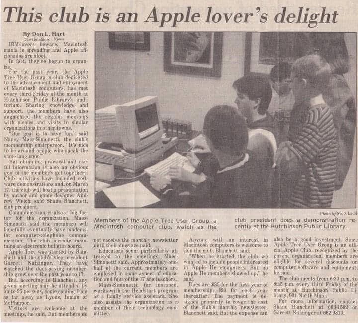 Club president, demoing a Macintosh at the Hutchinson Public Library.