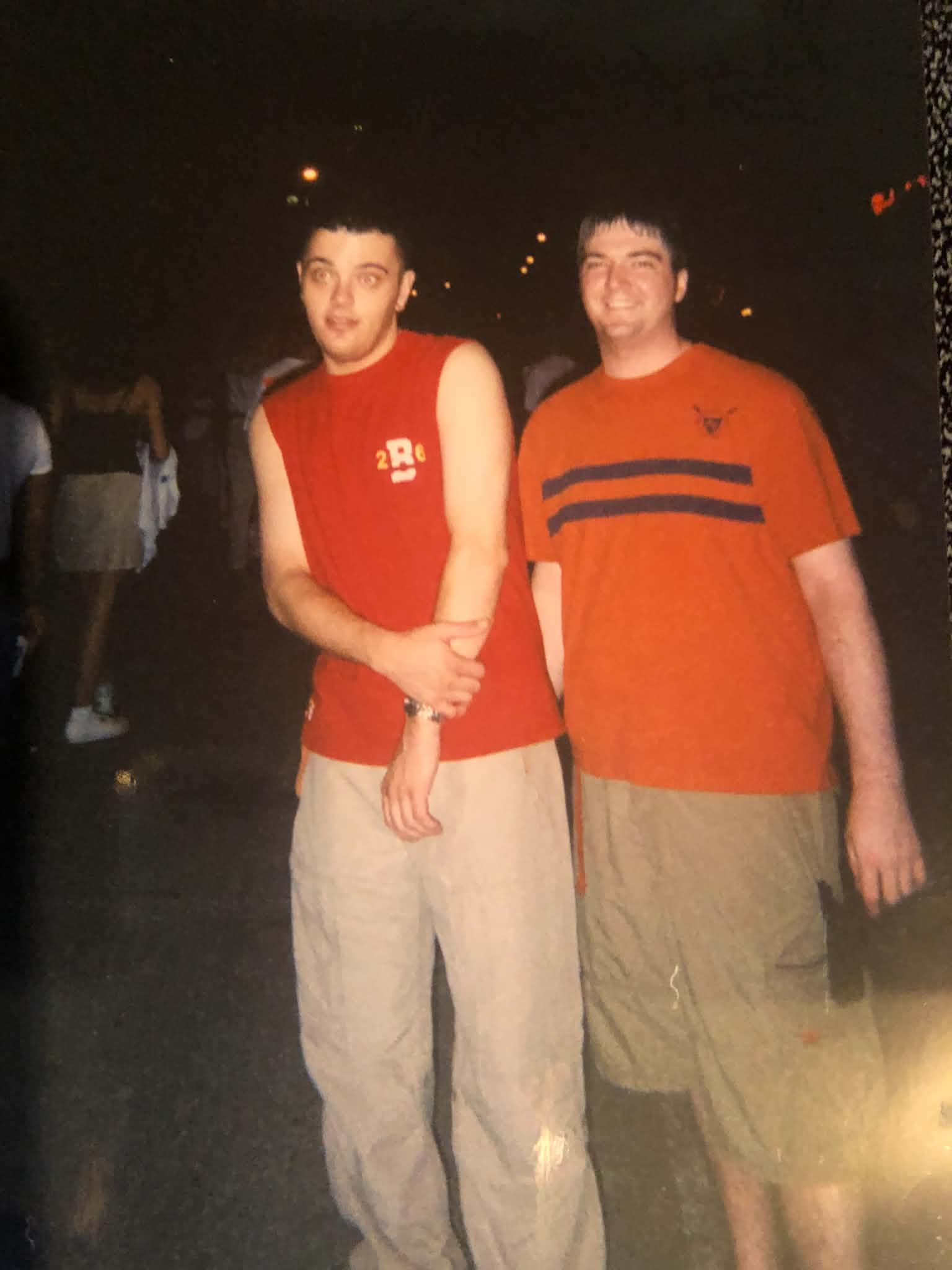 Shane (right) with his best friend Garrett on a night out in their early twenties.